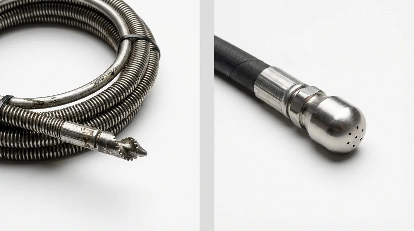 Drain snake cable and hydro jetting nozzle used for drain cleaning in Oxford, ME