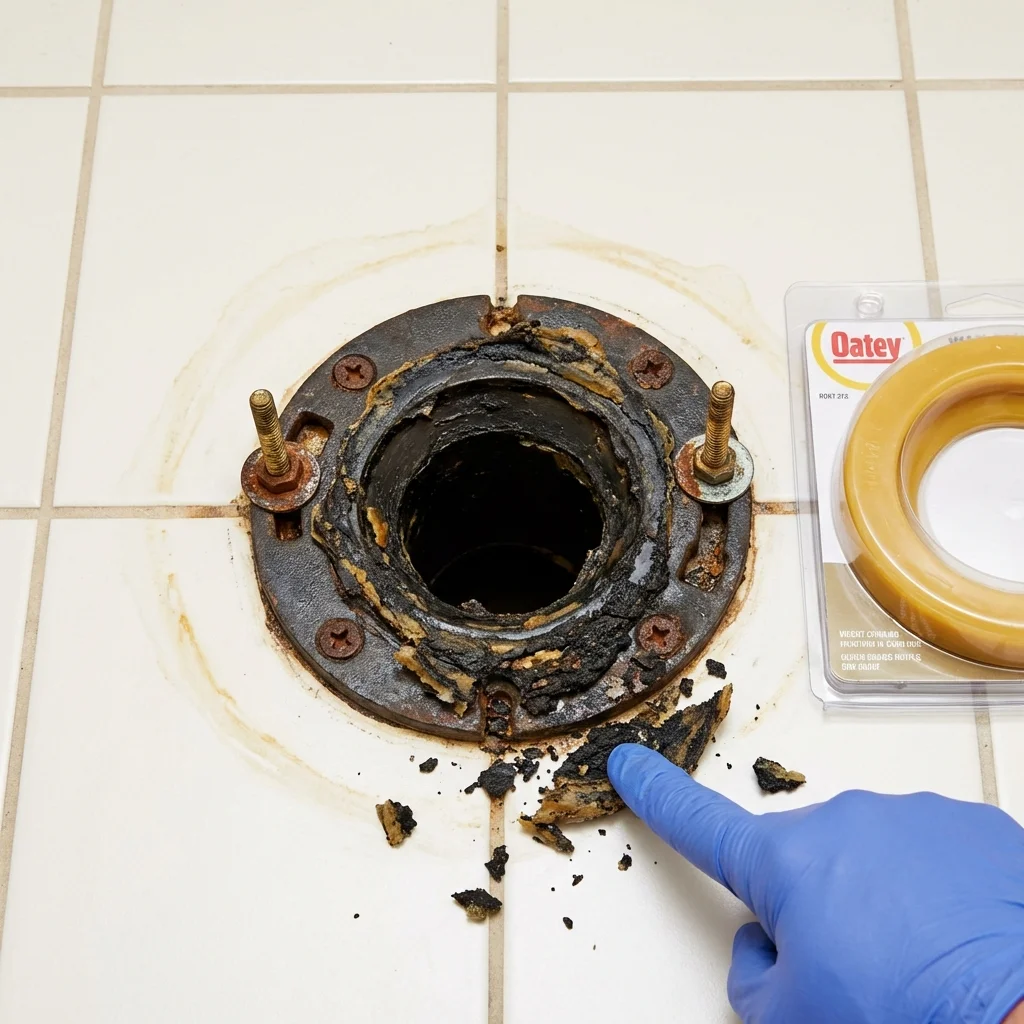 Failed wax ring showing water seepage at the base of a toilet in a Oxford, ME home