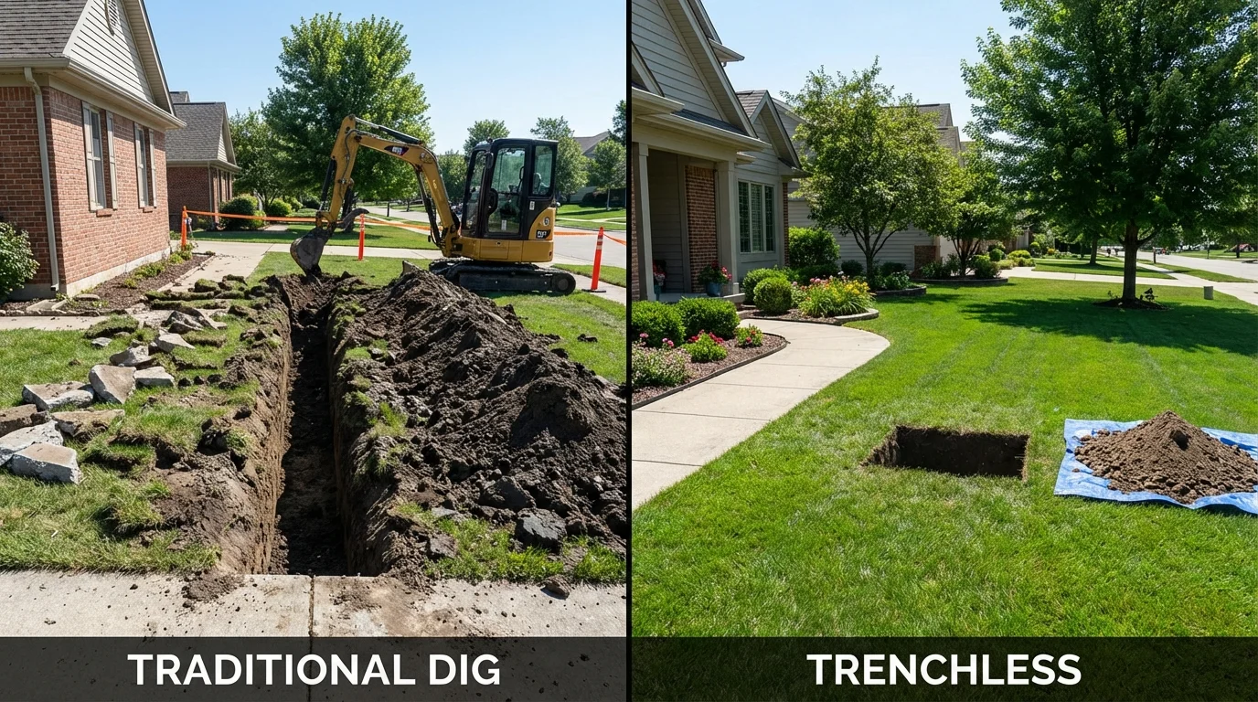 Trenchless sewer repair with minimal yard damage versus traditional excavation in Oxford, ME