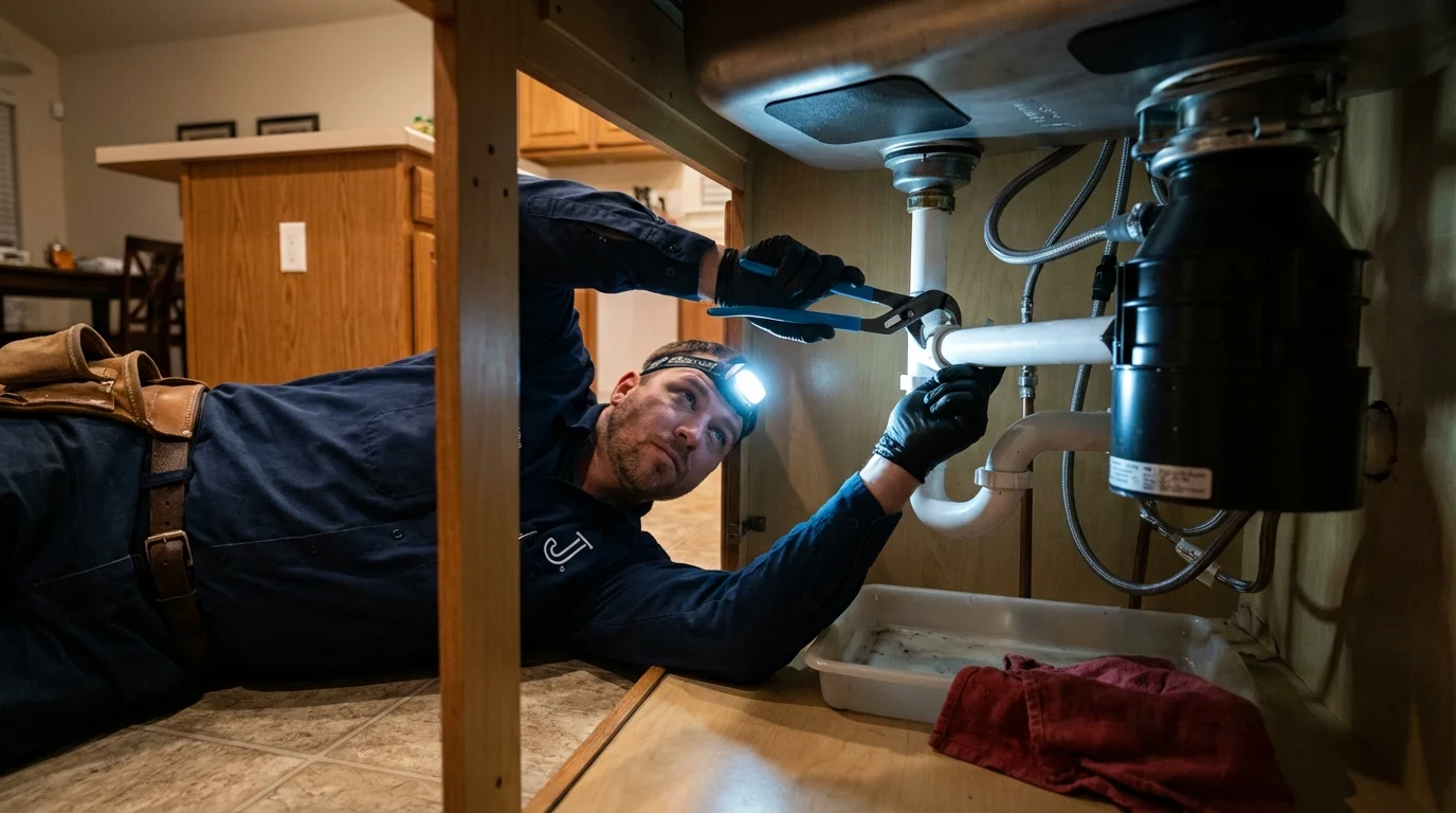 P-trap and supply line connections under a kitchen sink showing a common leak point in Oxford, ME